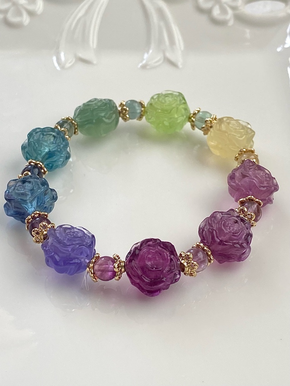 B165-Handmade Multicolor Carved Fluorite Flower Stretchable Bracelet